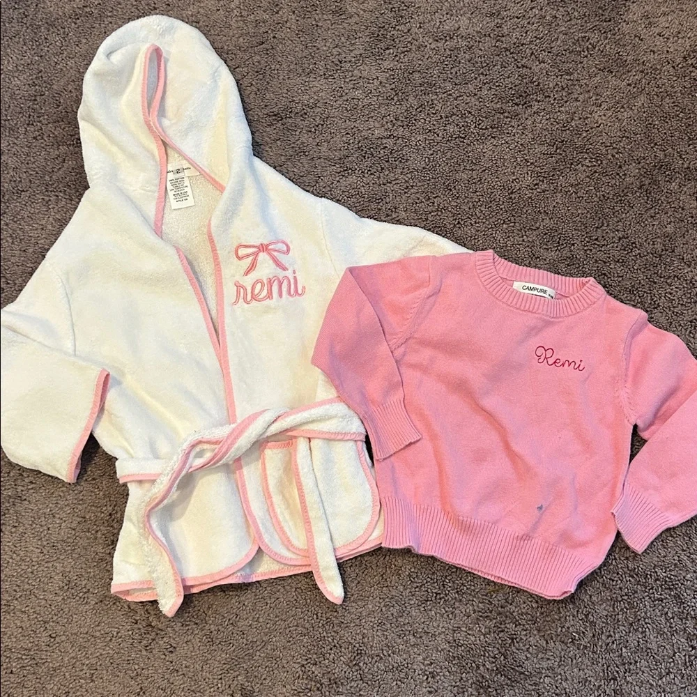 “Remi” personalized pink sweater & white robe toddler bundle!